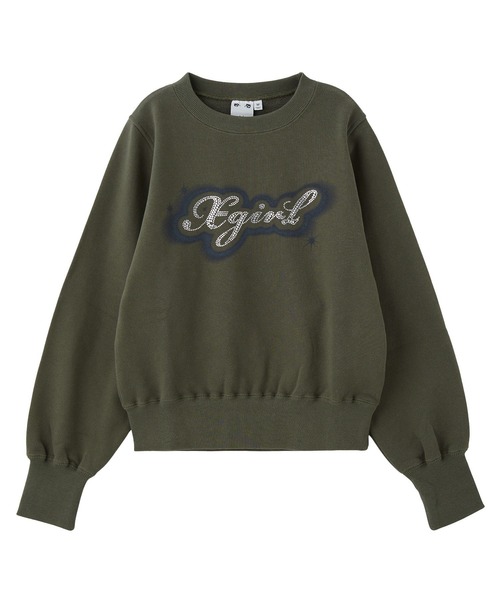 X-girl(エックスガール)の「RHINESTONE AND SPRAY LOGO CREWNECK SWEATSHIRT(スウェット・レディース・チャコール/オリーブ・M/S)」の2枚目の写真