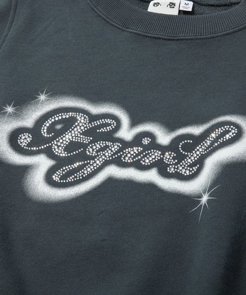 X-girl(エックスガール)の「RHINESTONE AND SPRAY LOGO CREWNECK SWEATSHIRT(スウェット・レディース・チャコール/オリーブ・M/S)」の8枚目の写真