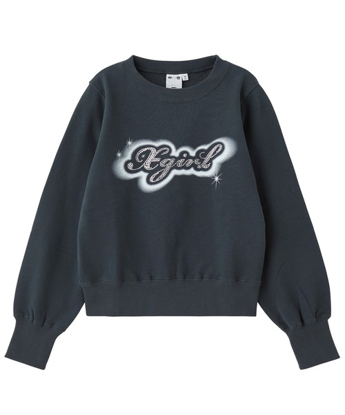 X-girl(エックスガール)の「RHINESTONE AND SPRAY LOGO CREWNECK SWEATSHIRT(スウェット・レディース・チャコール/オリーブ・M/S)」の5枚目の写真