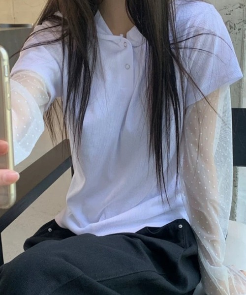 HALEY PESCA(ヘーリーペスカ)の「HALEY PESCA/フェイクレイヤードシアーTシャツ(Tシャツ/カットソー・レディース・ホワイト/グレー・FREE)」の5枚目の写真