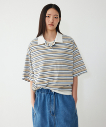マルチストライプカラー ネック半袖Tシャツ_ベージュ_9176222986