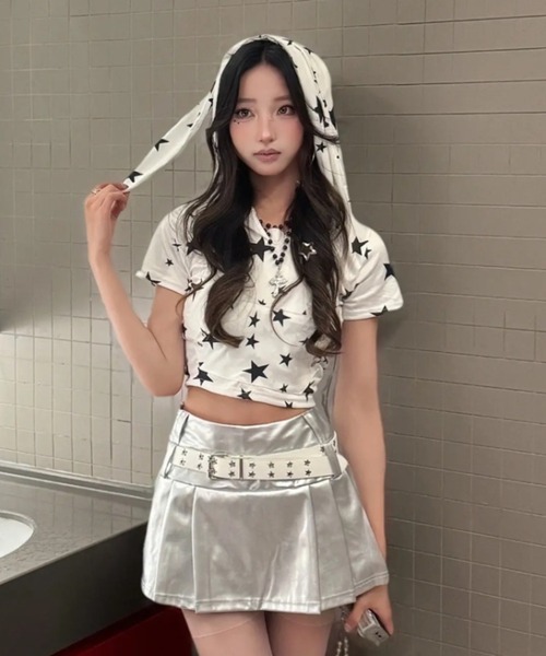 Teem Store（チームストア）の「耳フード付き星柄短丈ジップTシャツ スター柄ピチT（Tシャツ/カットソー・レディース・ホワイト・M/S）」の6枚目の写真