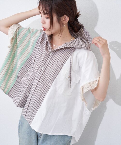 etsinta(エシンタ)の「【etsinta】パッチワークフーディーシャツ(シャツ/ブラウス・レディース・サックスブルー/ホワイト・ONE SIZE)」の2枚目の写真
