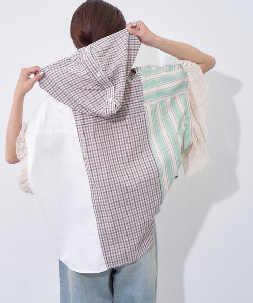 etsinta(エシンタ)の「【etsinta】パッチワークフーディーシャツ(シャツ/ブラウス・レディース・サックスブルー/ホワイト・ONE SIZE)」の3枚目の写真