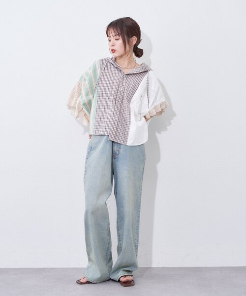 etsinta(エシンタ)の「【etsinta】パッチワークフーディーシャツ(シャツ/ブラウス・レディース・サックスブルー/ホワイト・ONE SIZE)」の4枚目の写真