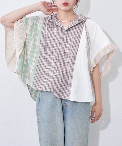 etsinta(エシンタ)の「【etsinta】パッチワークフーディーシャツ(シャツ/ブラウス・レディース・サックスブルー/ホワイト・ONE SIZE)」の7枚目の写真