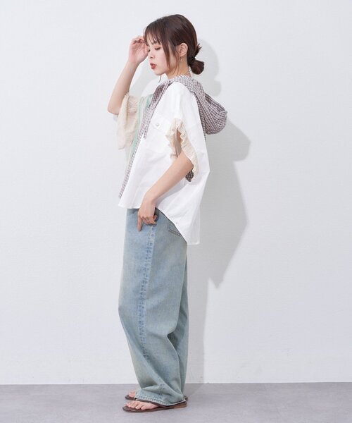 etsinta(エシンタ)の「【etsinta】パッチワークフーディーシャツ(シャツ/ブラウス・レディース・サックスブルー/ホワイト・ONE SIZE)」の10枚目の写真