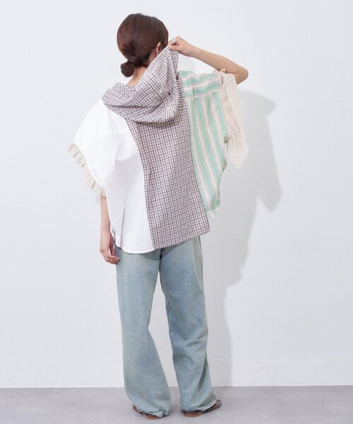 etsinta(エシンタ)の「【etsinta】パッチワークフーディーシャツ(シャツ/ブラウス・レディース・サックスブルー/ホワイト・ONE SIZE)」の11枚目の写真