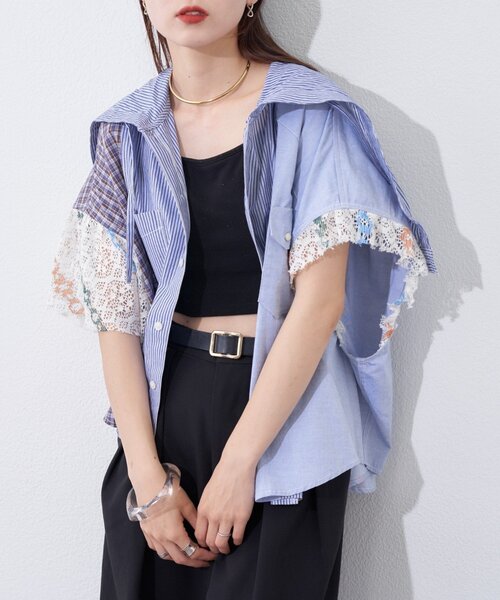 etsinta(エシンタ)の「【etsinta】パッチワークフーディーシャツ(シャツ/ブラウス・レディース・サックスブルー/ホワイト・ONE SIZE)」の19枚目の写真