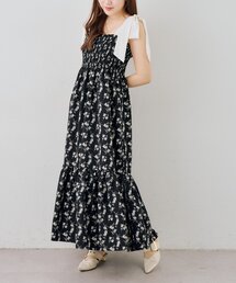 配色肩リボンシャーリングキャミワンピ