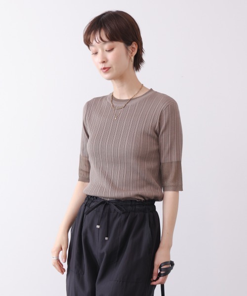 Bou Jeloud（ブージュルード）の「ランダムリブ異素材使半袖ニット（Tシャツ/カットソー・レディース・オフホワイト/モカ/ブラック・FREE）」の3枚目の写真