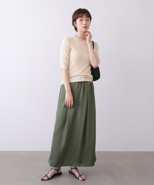 Bou Jeloud（ブージュルード）の「ランダムリブ異素材使半袖ニット（Tシャツ/カットソー・レディース・オフホワイト/モカ/ブラック・FREE）」の5枚目の写真