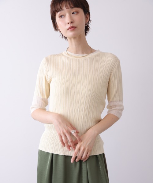 Bou Jeloud（ブージュルード）の「ランダムリブ異素材使半袖ニット（Tシャツ/カットソー・レディース・オフホワイト/モカ/ブラック・FREE）」の6枚目の写真