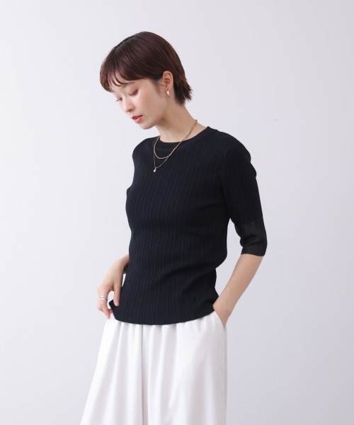 Bou Jeloud（ブージュルード）の「ランダムリブ異素材使半袖ニット（Tシャツ/カットソー・レディース・オフホワイト/モカ/ブラック・FREE）」の20枚目の写真