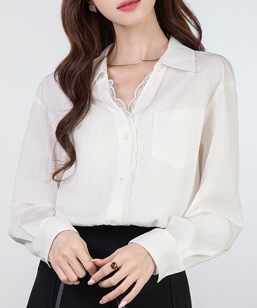 MILAE(ミレ)の「レースドッキング長袖ブラウス(シャツ/ブラウス・レディース・ホワイト/ブラック・S/M/L)」の1枚目の写真