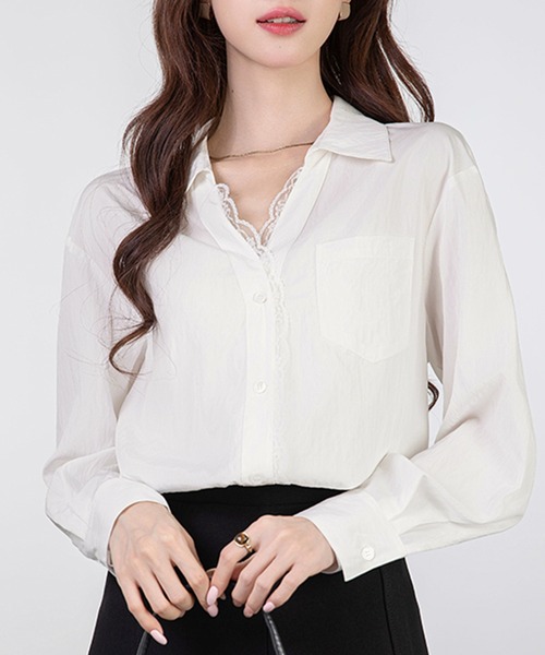 MILAE(ミレ)の「レースドッキング長袖ブラウス(シャツ/ブラウス・レディース・ホワイト/ブラック・S/M/L)」の4枚目の写真