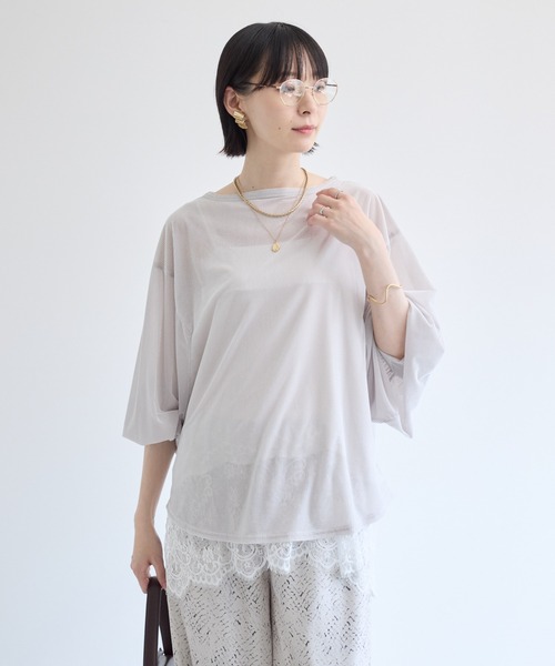 Paradise Picnic(パラダイスピクニック)の「ROSIEE シアーベロアリブカットプルオーバー(Tシャツ/カットソー・レディース・チャコールグレー/グレイッシュベージュ/ブラック・FREE)」の3枚目の写真
