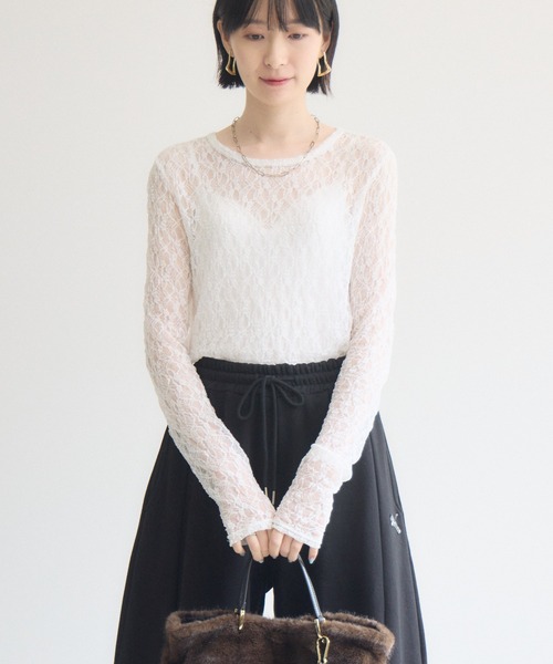 Paradise Picnic（パラダイスピクニック）の「cloche ストレッチレーストップス（Tシャツ/カットソー・レディース・ホワイト/ブラック・FREE）」の6枚目の写真
