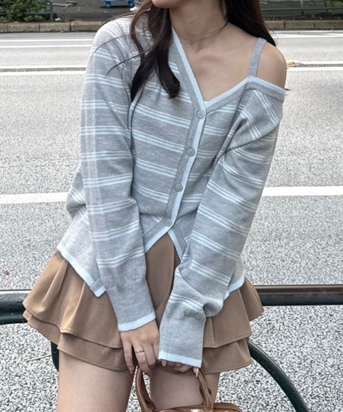 Another Branch olive des olive(アナザーブランチオリーブデオリーブ)の「ボーダーオフショルカーディガン(カーディガン/ボレロ・レディース・ブラック/ブラウン/グレー・FREE)」の1枚目の写真