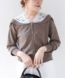 【WEB限定】〈手洗い可能〉レース ビッグ カラー ニット カーディガン