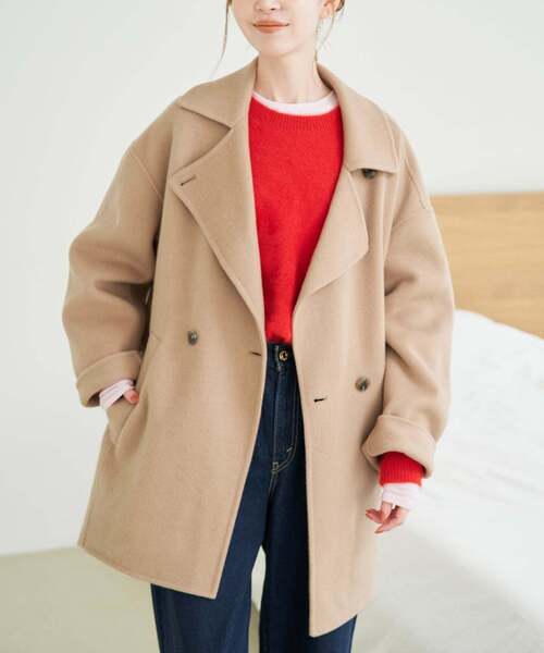 SLOBE IENA(スローブイエナ)の「《シリーズあり/追加》souple wool ダブルフェイスミドルコート(ピーコート・レディース・ネイビー/カーキ/ダークパープル/キャメル・FREE)」の1枚目の写真