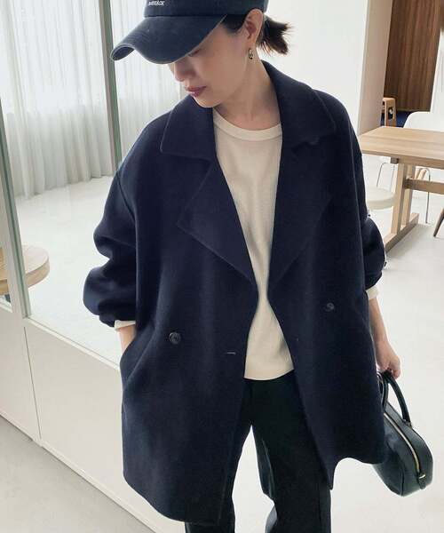 SLOBE IENA(スローブイエナ)の「《シリーズあり/追加》souple wool ダブルフェイスミドルコート(ピーコート・レディース・ネイビー/カーキ/ダークパープル/キャメル・FREE)」の12枚目の写真