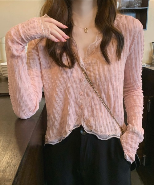 center i(センターアイ)の「レース付きテレコVネックショートカーディガン(カーディガン/ボレロ・レディース・ピンク/オフホワイト・FREE)」の13枚目の写真