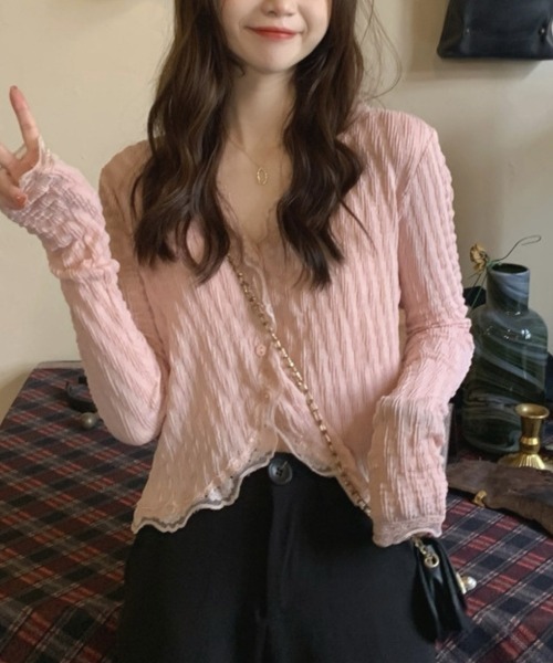 center i(センターアイ)の「レース付きテレコVネックショートカーディガン(カーディガン/ボレロ・レディース・ピンク/オフホワイト・FREE)」の14枚目の写真