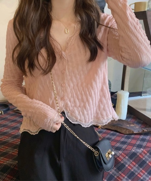 center i(センターアイ)の「レース付きテレコVネックショートカーディガン(カーディガン/ボレロ・レディース・ピンク/オフホワイト・FREE)」の15枚目の写真
