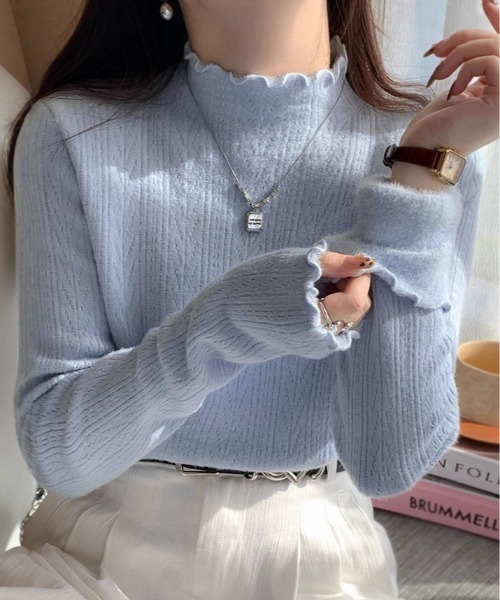 kirakiraShop（キラキラショップ）の「裏起毛 メロウ ハイネック ニット トップス（ニット/セーター・レディース・ベージュ/ブラック/ブルー/オフホワイト・FREE）」の4枚目の写真