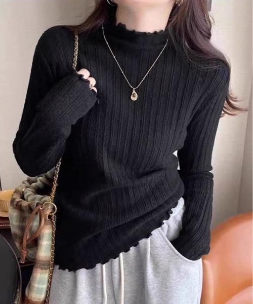 kirakiraShop（キラキラショップ）の「裏起毛 メロウ ハイネック ニット トップス（ニット/セーター・レディース・ベージュ/ブラック/ブルー/オフホワイト・FREE）」の2枚目の写真