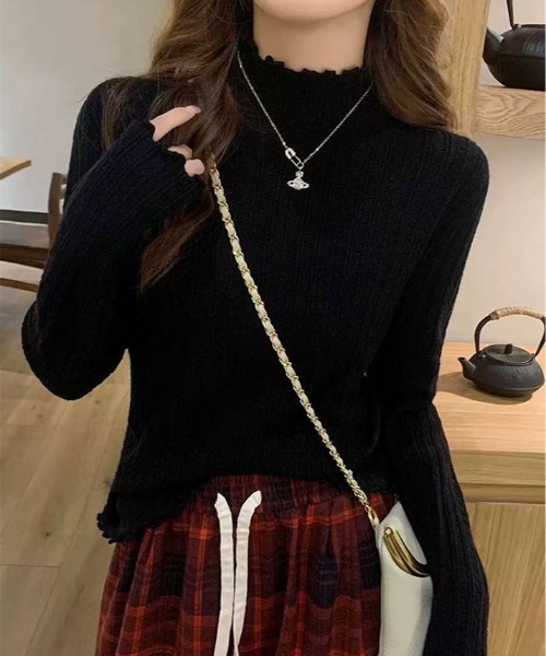 kirakiraShop（キラキラショップ）の「裏起毛 メロウ ハイネック ニット トップス（ニット/セーター・レディース・ベージュ/ブラック/ブルー/オフホワイト・FREE）」の6枚目の写真