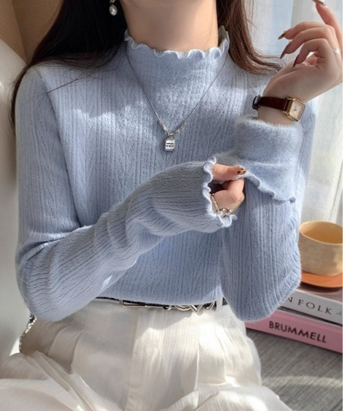 kirakiraShop（キラキラショップ）の「裏起毛 メロウ ハイネック ニット トップス（ニット/セーター・レディース・ベージュ/ブラック/ブルー/オフホワイト・FREE）」の8枚目の写真