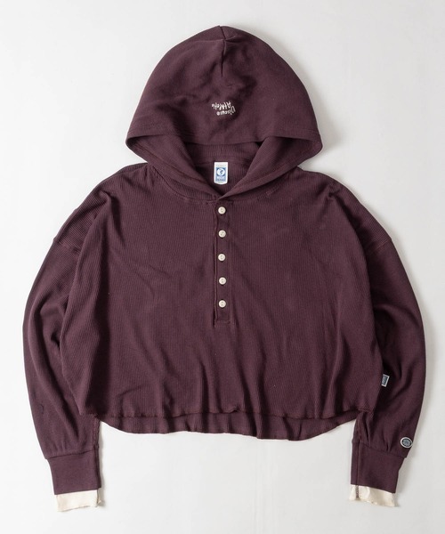 DISCUS（ディスカス）の「【15】〔DISCUS/ディスカス〕ヘンリーネック ワッフルフード クロップドロンT レディース（Tシャツ/カットソー・レディース・ブラック/オートミール/ワイン・LARGE/MEDIUM）」の6枚目の写真