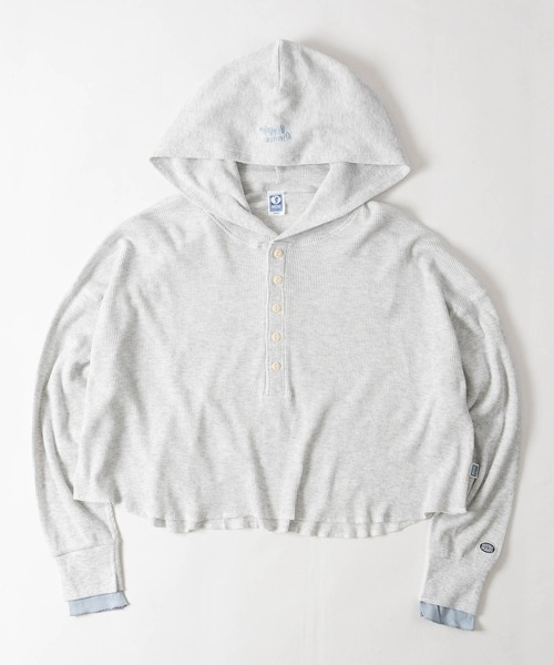 DISCUS（ディスカス）の「【15】〔DISCUS/ディスカス〕ヘンリーネック ワッフルフード クロップドロンT レディース（Tシャツ/カットソー・レディース・ブラック/オートミール/ワイン・LARGE/MEDIUM）」の4枚目の写真