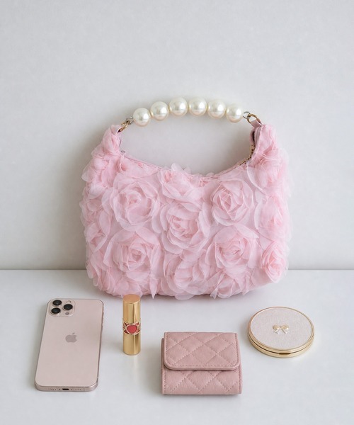 LA VORAGINE(ラ ヴォラジネ)の「パールハンドルフラワー ハンドバッグ/クラッチバッグ/結婚式・パーティーバッグ(クラッチバッグ・レディース・BLACK/アイボリー/PINK・FREE)」の3枚目の写真