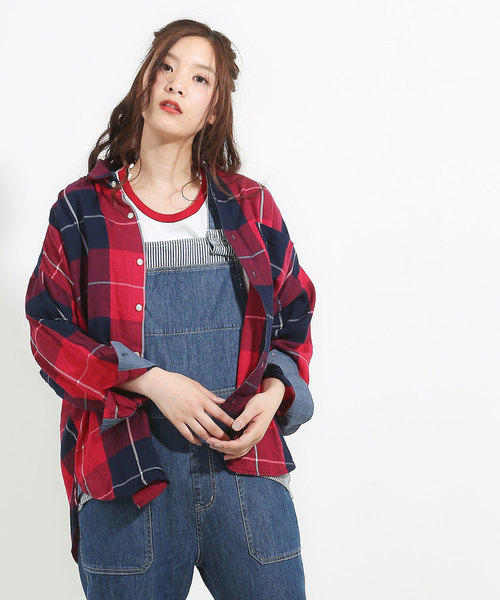 CUBE SUGAR(キューブシュガー)の「先染めガーゼツイルチェック8分袖ビッグシャツ(シャツ/ブラウス・レディース・ナチュラル/グレー/レッド系その他/グリーン系その他・M)」の1枚目の写真