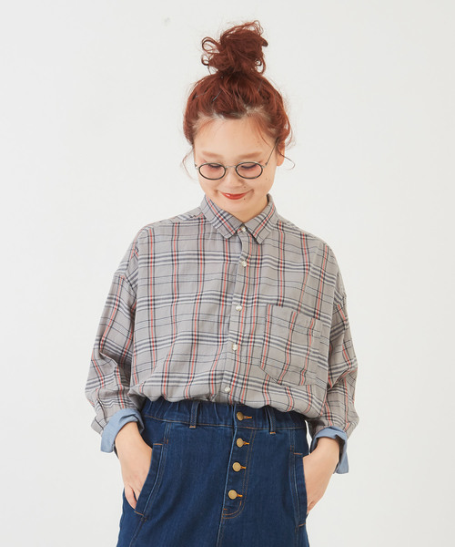 CUBE SUGAR(キューブシュガー)の「先染めガーゼツイルチェック8分袖ビッグシャツ(シャツ/ブラウス・レディース・ナチュラル/グレー/レッド系その他/グリーン系その他・M)」の2枚目の写真