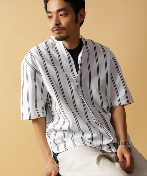 セール パナマヘンリーストライププルオーバー シャツ ブラウス
