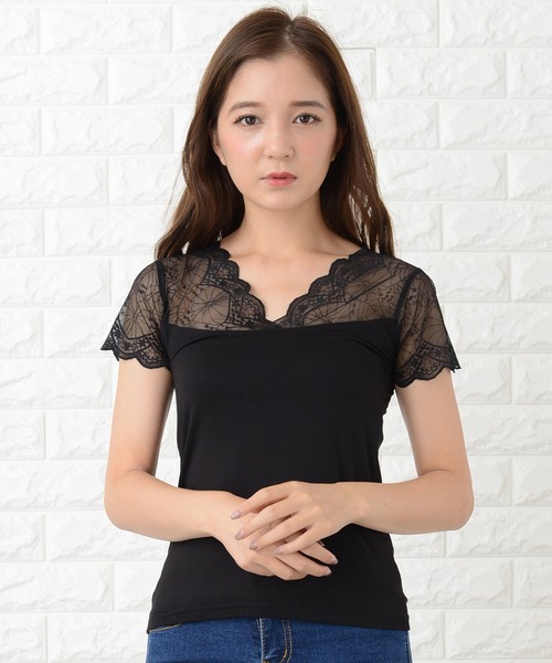 前後2way レース半袖トップス