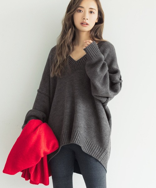 coca(coca)(コカ)の「ローゲージVネックニット(ニット/セーター・レディース・チャコールグレー/アイボリー・ONE SIZE)」の2枚目の写真
