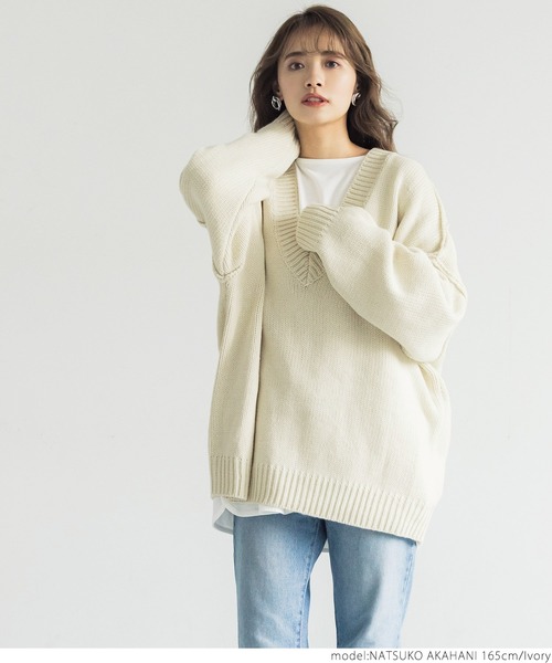 coca(coca)(コカ)の「ローゲージVネックニット(ニット/セーター・レディース・チャコールグレー/アイボリー・ONE SIZE)」の10枚目の写真
