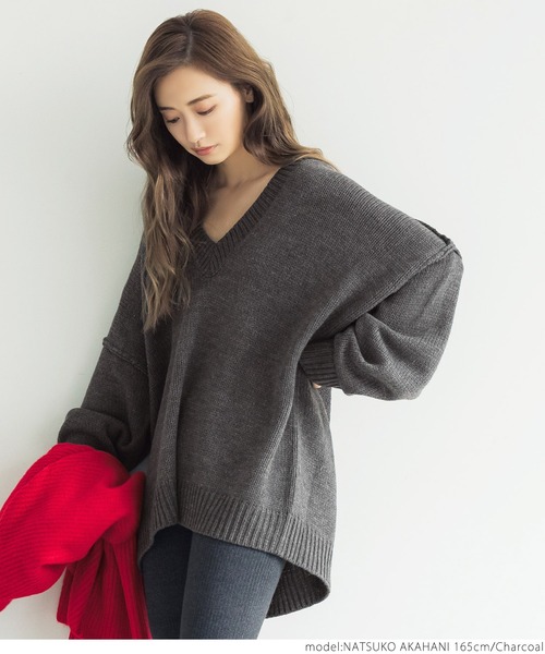 coca(coca)(コカ)の「ローゲージVネックニット(ニット/セーター・レディース・チャコールグレー/アイボリー・ONE SIZE)」の9枚目の写真