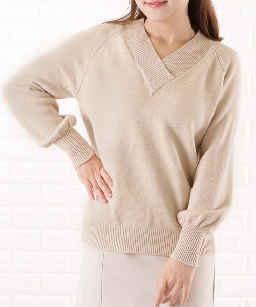Lace Ladies(レースレディース)の「Vネック 長袖ルーズフィット 無地ニット(ニット/セーター・レディース・グレー/ブラック/ベージュ/ホワイト/ブルー・FREE)」の18枚目の写真