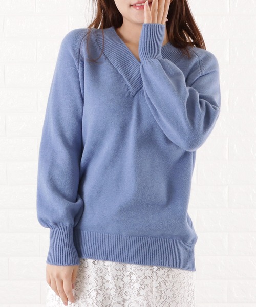 Lace Ladies(レースレディース)の「Vネック 長袖ルーズフィット 無地ニット(ニット/セーター・レディース・グレー/ブラック/ベージュ/ホワイト/ブルー・FREE)」の6枚目の写真