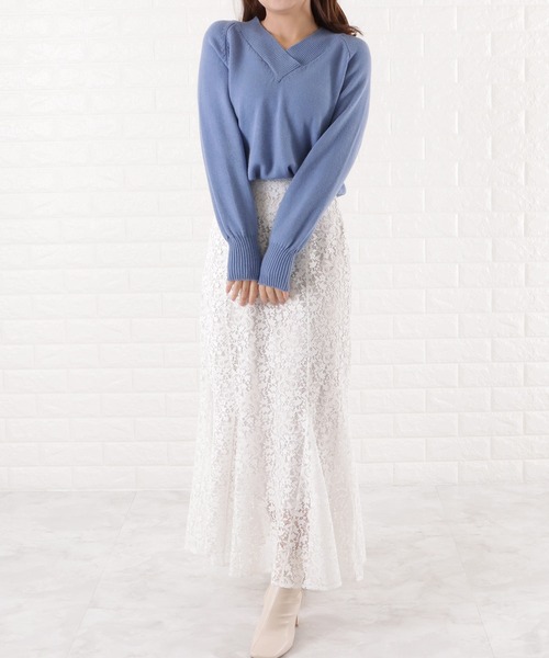 Lace Ladies(レースレディース)の「Vネック 長袖ルーズフィット 無地ニット(ニット/セーター・レディース・グレー/ブラック/ベージュ/ホワイト/ブルー・FREE)」の11枚目の写真