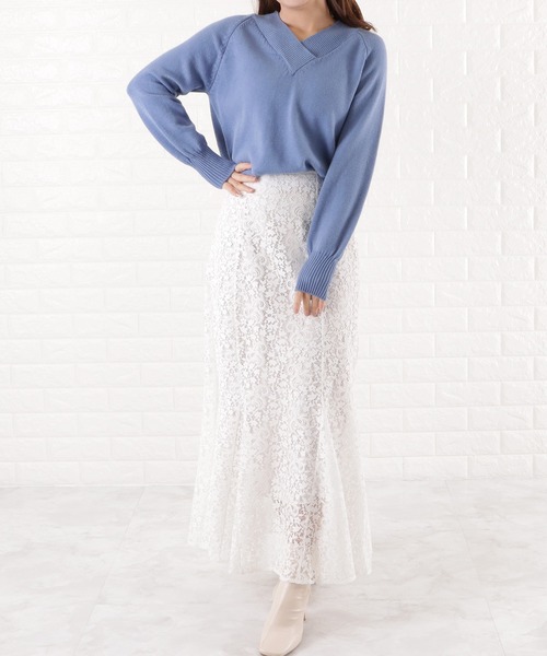 Lace Ladies(レースレディース)の「Vネック 長袖ルーズフィット 無地ニット(ニット/セーター・レディース・グレー/ブラック/ベージュ/ホワイト/ブルー・FREE)」の12枚目の写真