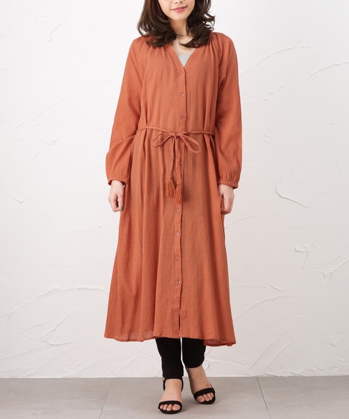 ガウンとしても着れる 楊柳生地 ロングワンピース マキシ丈 長袖