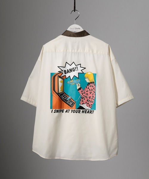 SlashDate(スラッシュデイト)の「レトロタッチゲームガールイラストバックプリント半袖シャツ(シャツ/ブラウス・メンズ・ブラウン/アイボリー/ミント・M/L)」の9枚目の写真