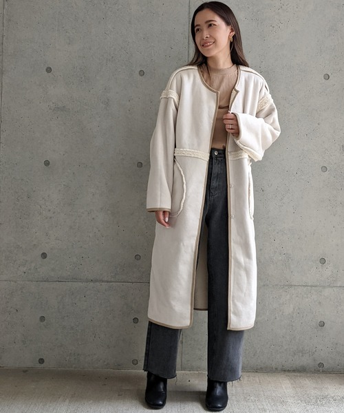 Per sist ence（パーシエンス）の「Per sist ence/パーシエンス　ボアパイピング×フェイクムートン リバーシブルノーカラーコート（ノーカラーコート・レディース・ベージュ/アイボリー/モカ・FREE）」の12枚目の写真